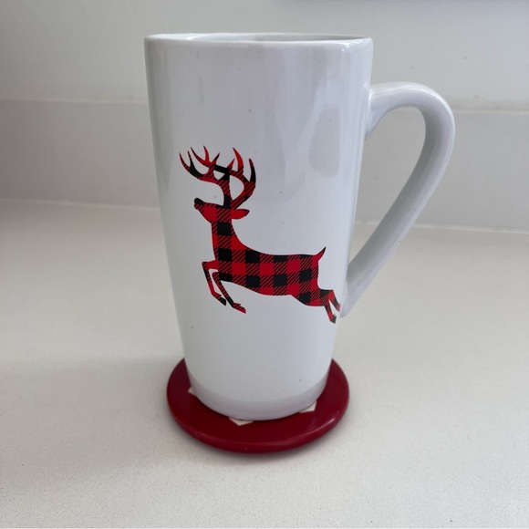HOLIDAY TIME Buffalo Plaid Reindeer 18 oz Mug with Snowflake Coaster - Picture 2 of 7